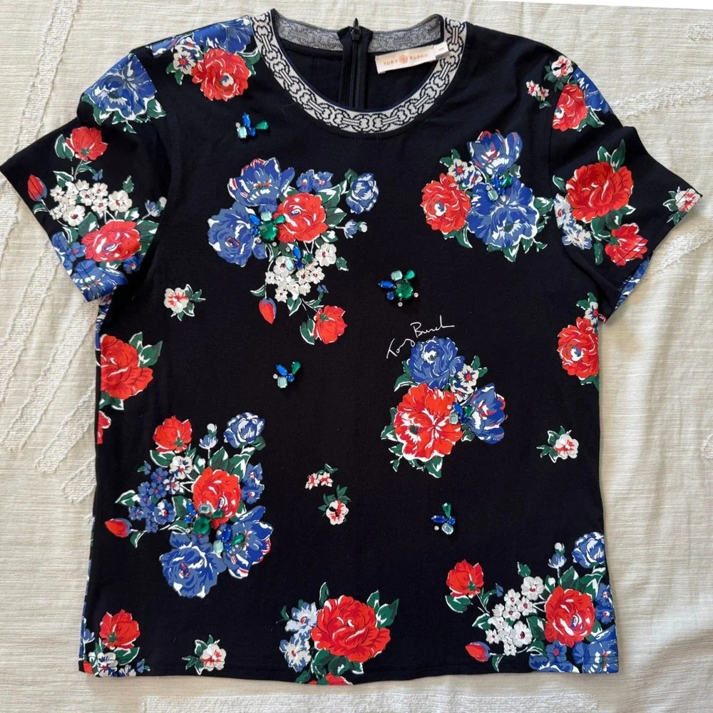 Tory Burch Women's Medium Navy Tea Rose Floral Embellished T-Shirt